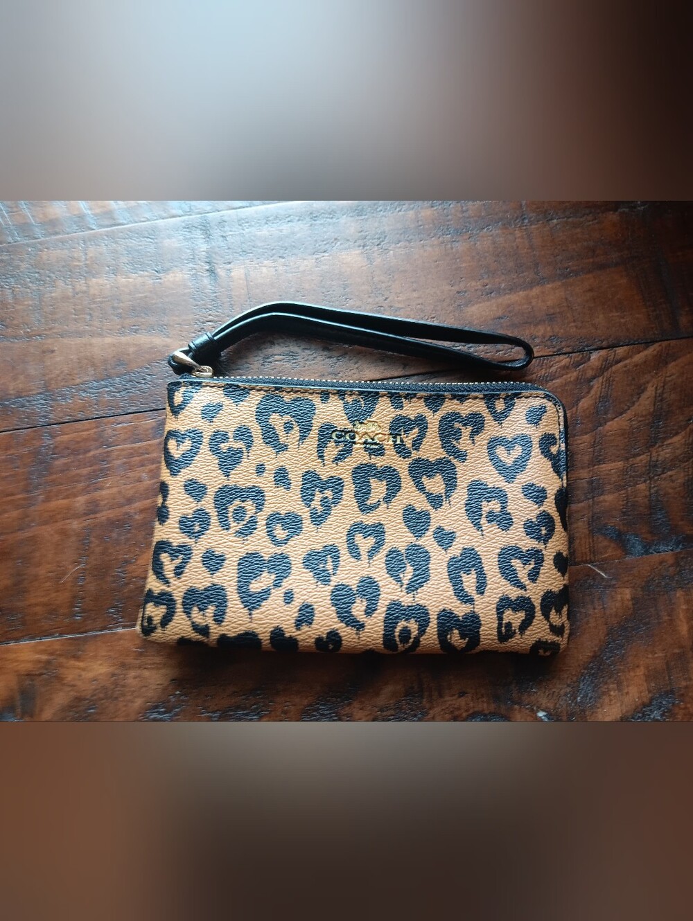 Coach Black and Tan Leopard Heart Print Wristlet